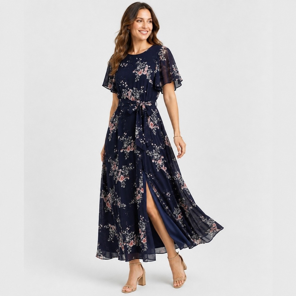 Baltic Born Naomi Floral Maxi Dress Womens M Blue Chiffon Slit Garden Party
